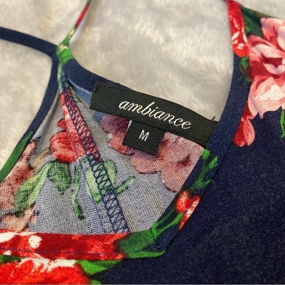 Ambiance Navy Floral Print Spaghetti Racerback Strap Babydoll Flowy Trapeze Dres - Picture 5 of 8